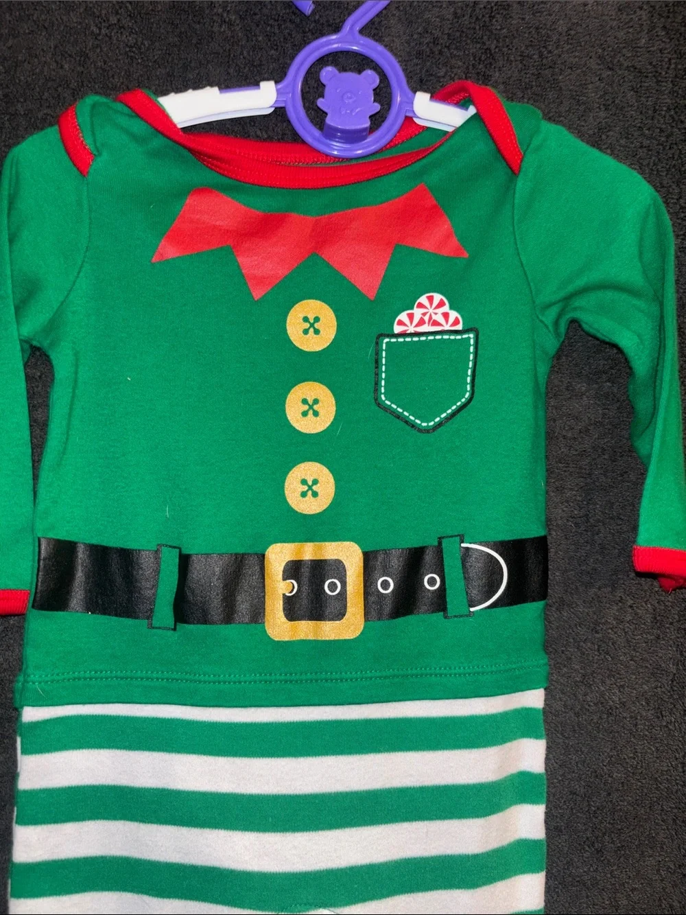 Holiday Time Green & White Elf Stripe Baby Footie with Red Trim
